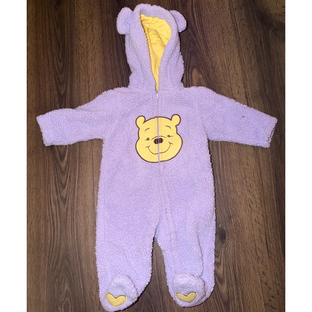 Disney Baby Fleece Pram Suit Kids 0-3M Purple Winnie Pooh Sherpa Hooded Footed